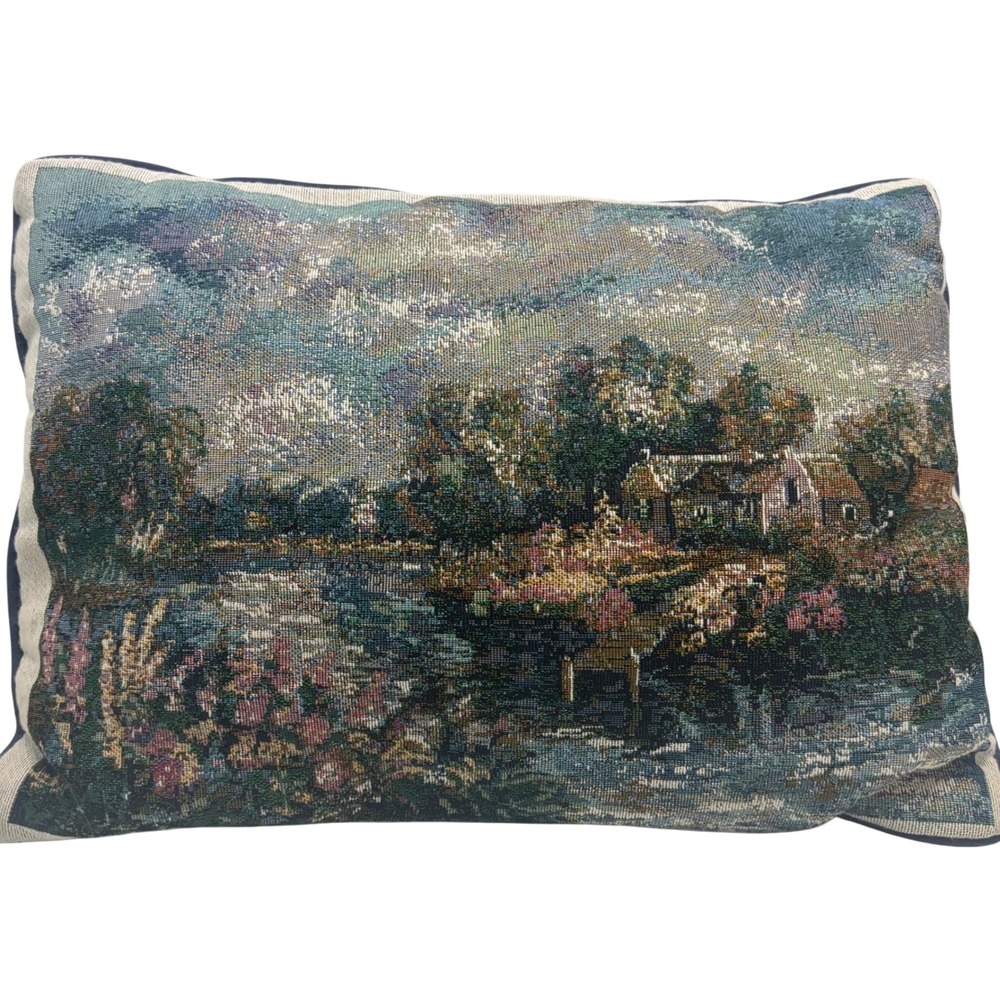 Vintage Woven Tapestry Landscape Cottage Lake Scene Throw Pillow Navy Blue Back